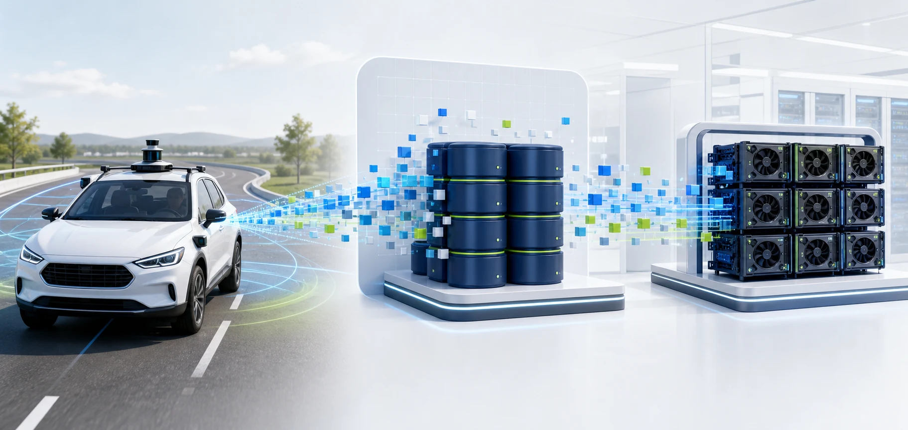 Dữ liệu cảm biến từ xe tự hành truyền vào object storage rồi được cấp cho cụm GPU để huấn luyện mô hình AI