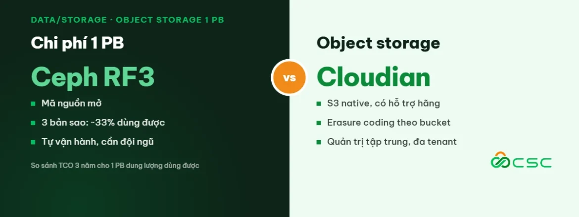 Chi phí object storage 1 PB: TCO 3 năm Ceph so với Cloudian HyperStore