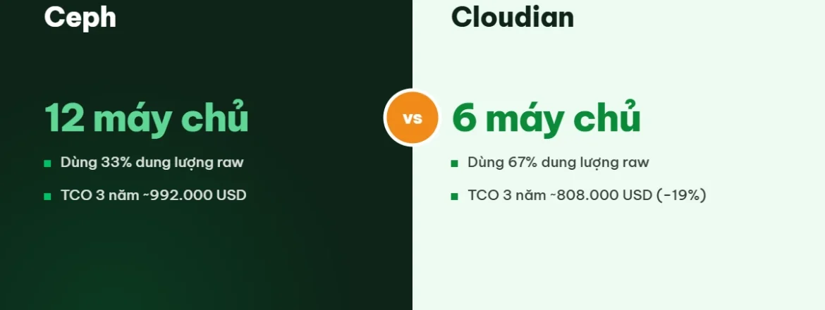 Chi phí object storage 1 PB: TCO 3 năm Ceph so với Cloudian HyperStore
